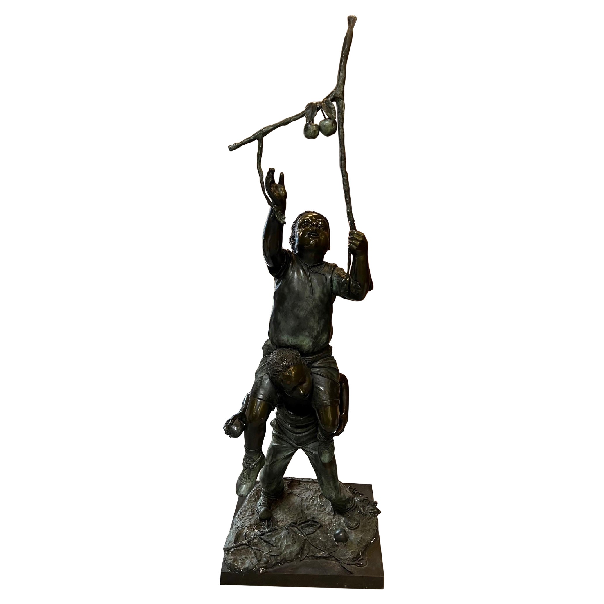 Late 20th Century Bronze Statue of Two Boys Picking Apples For Sale