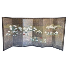 Japanese Asian Large Edo Period Six-Panel Folding Byobu Screen Floral Landscape