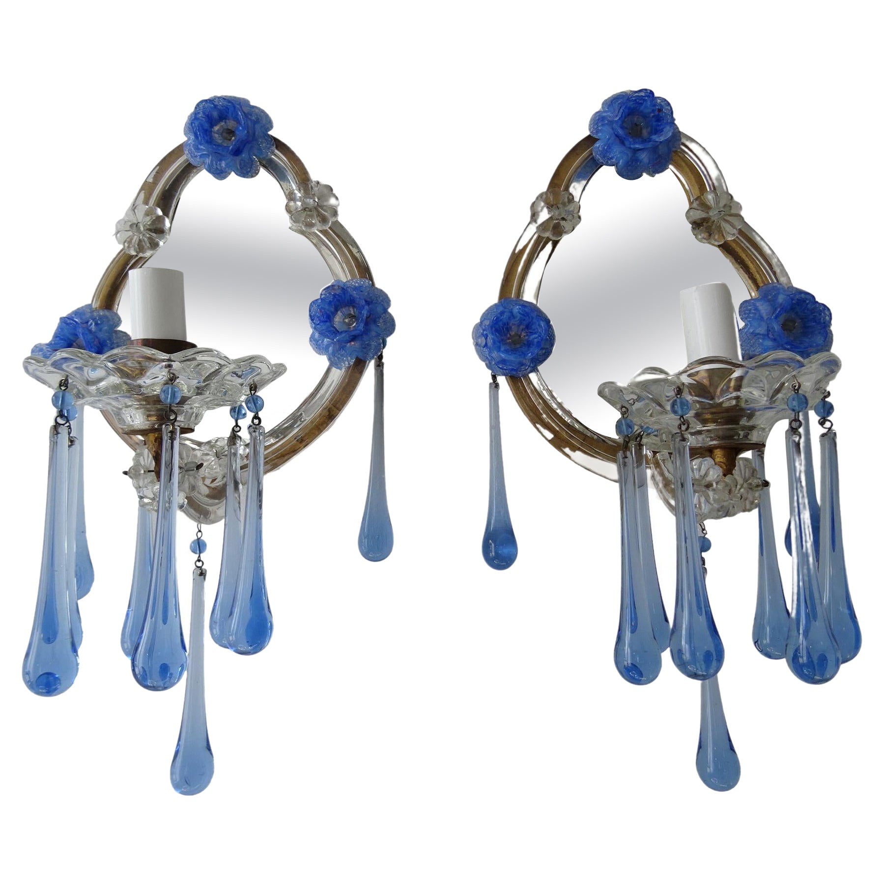 Italian Blue Murano Flowers & Drops Mirrors Sconces, circa 1920