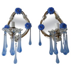 Italian Blue Murano Flowers & Drops Mirrors Sconces, circa 1920