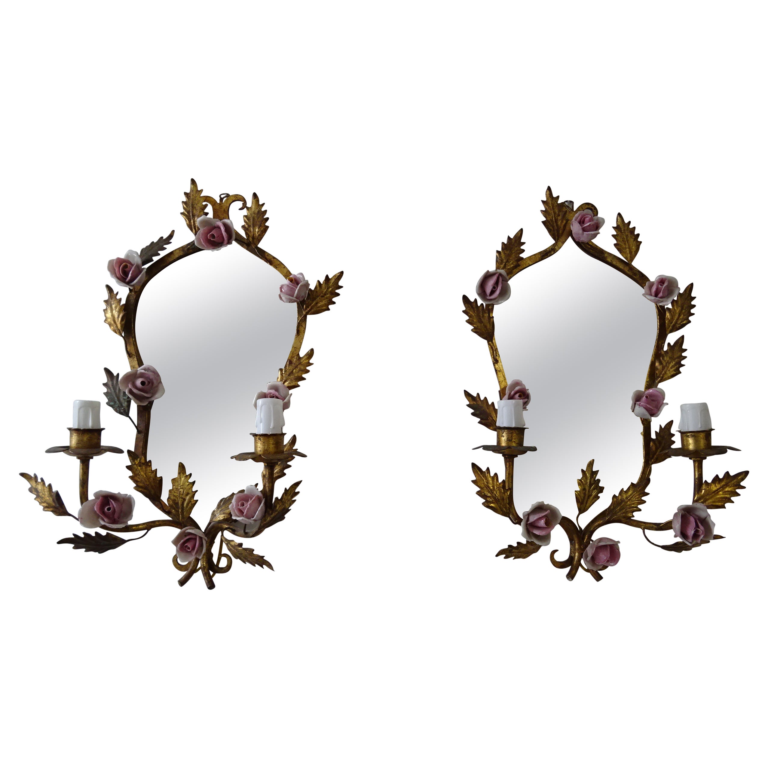 Big French Pink Roses & Mirrors Gilt Metal Sconces, circa 1920 For Sale