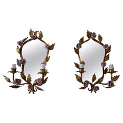 Antique Big French Pink Roses & Mirrors Gilt Metal Sconces, circa 1920