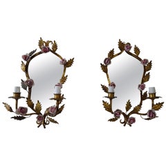 Grande applique francese in metallo dorato Pink Roses & Mirrors, 1920 circa