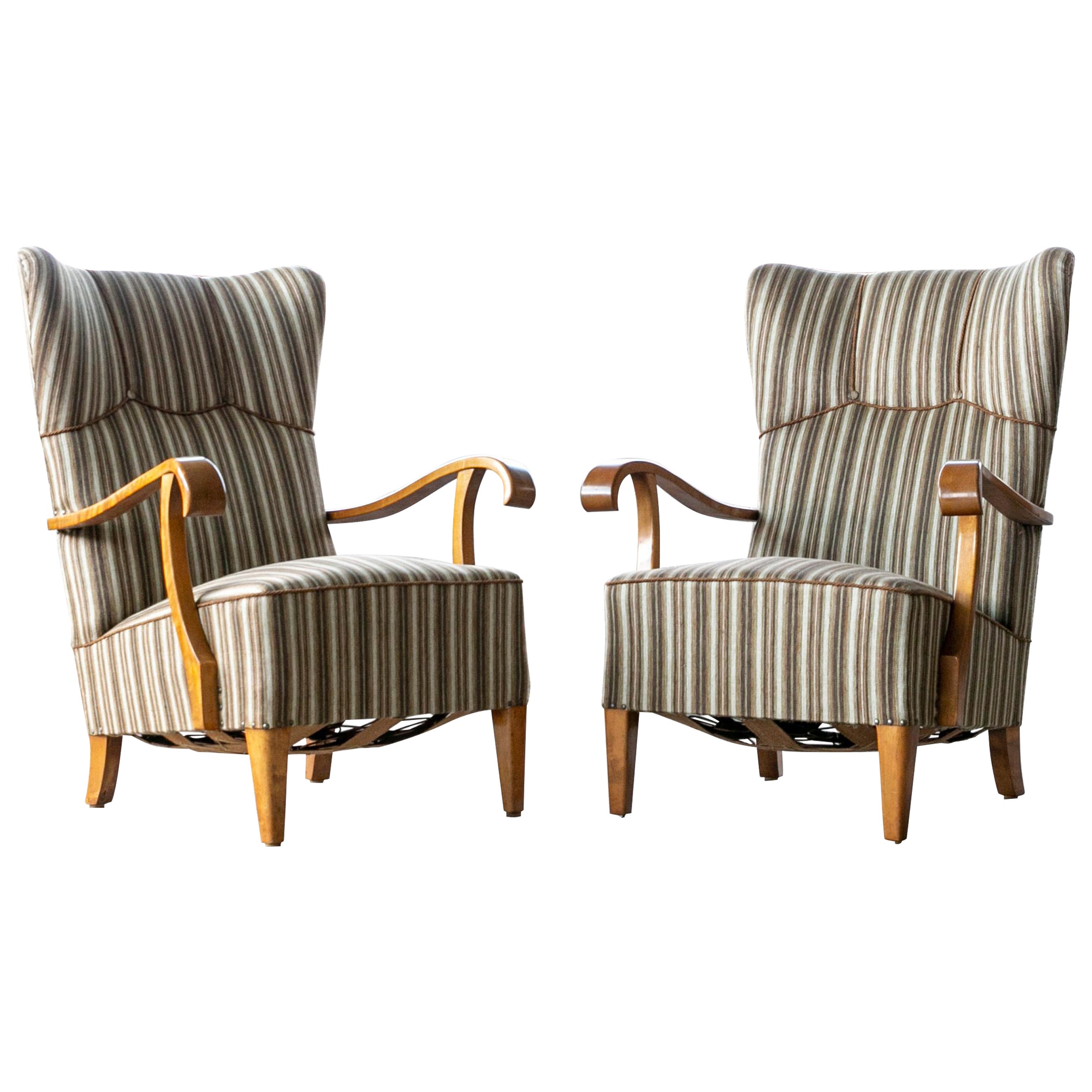 Danish 1940's Fritz Hansen Style Wingback Lounge Chairs Birch Open Armrest