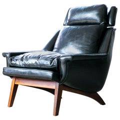 Dänischer Teakholz-Loungesessel für ESA von Langfeld Design aus den 1960er Jahren mit schwarzem Leder