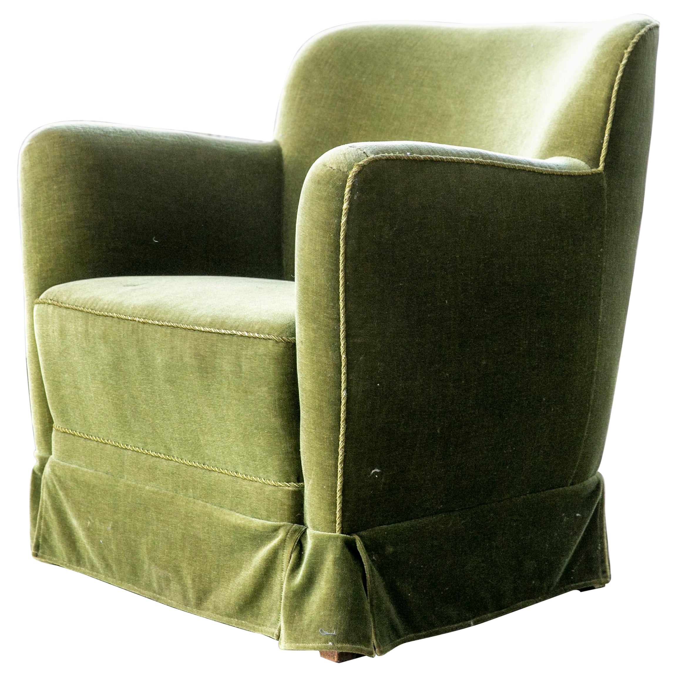 Danish Midcentury Lounge or Club Chair in Emerald Green Mohair, 1940s