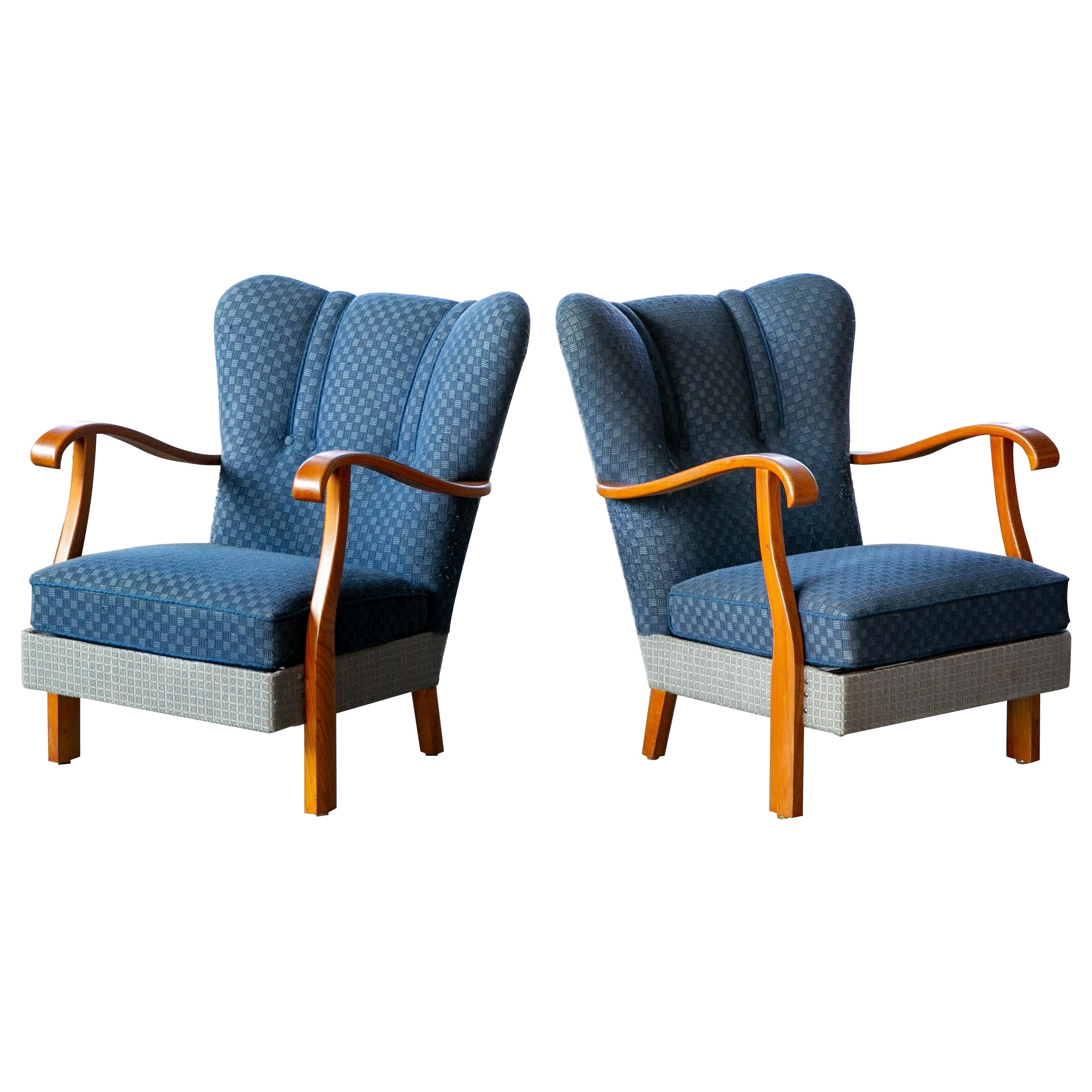 Pair of Danish 1940s Alfred Christensen Style Low Back Chairs with Open Armrests