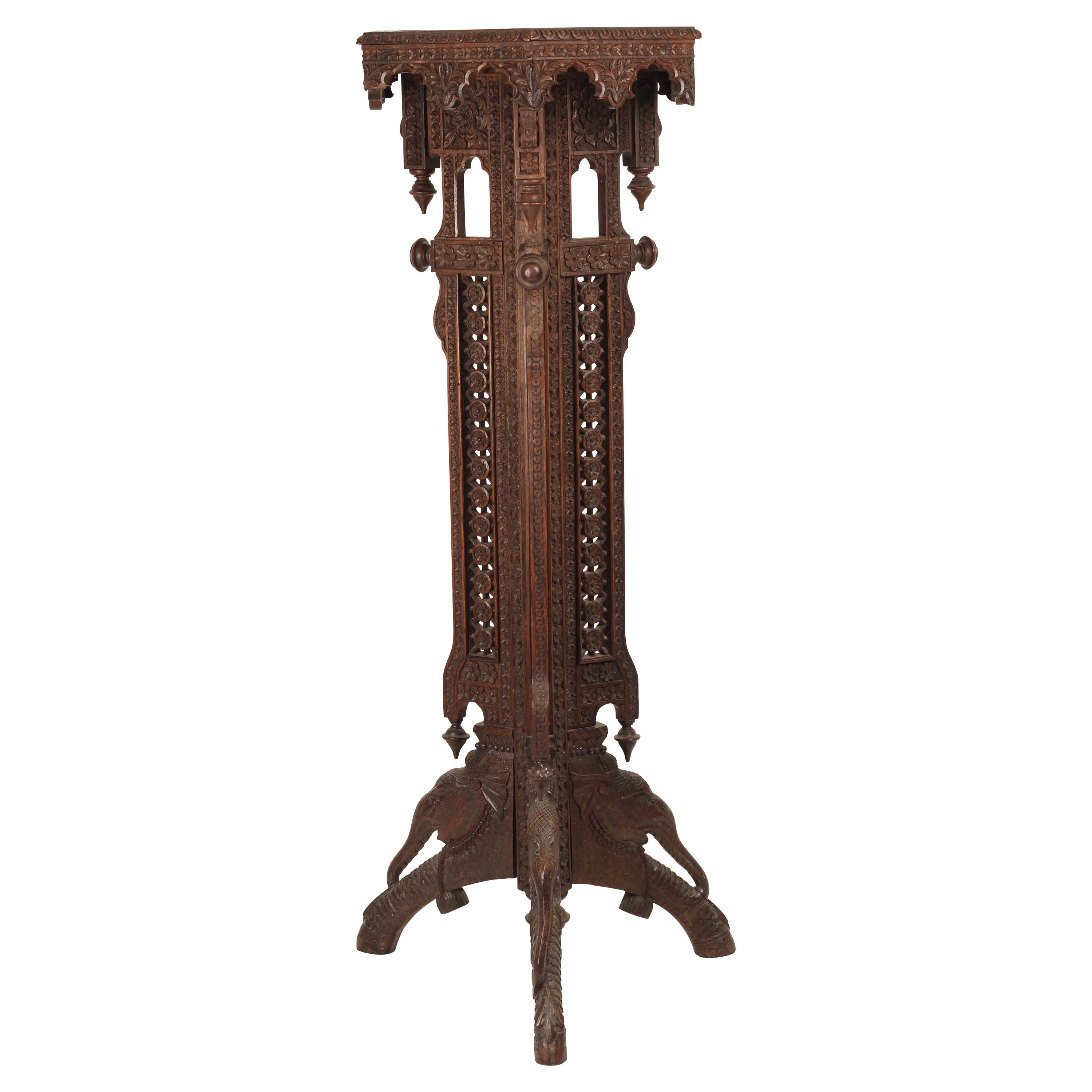 Boho Chic Style Hand Carved Anglo Indian Wooden Torchere with Elephant Details For Sale
