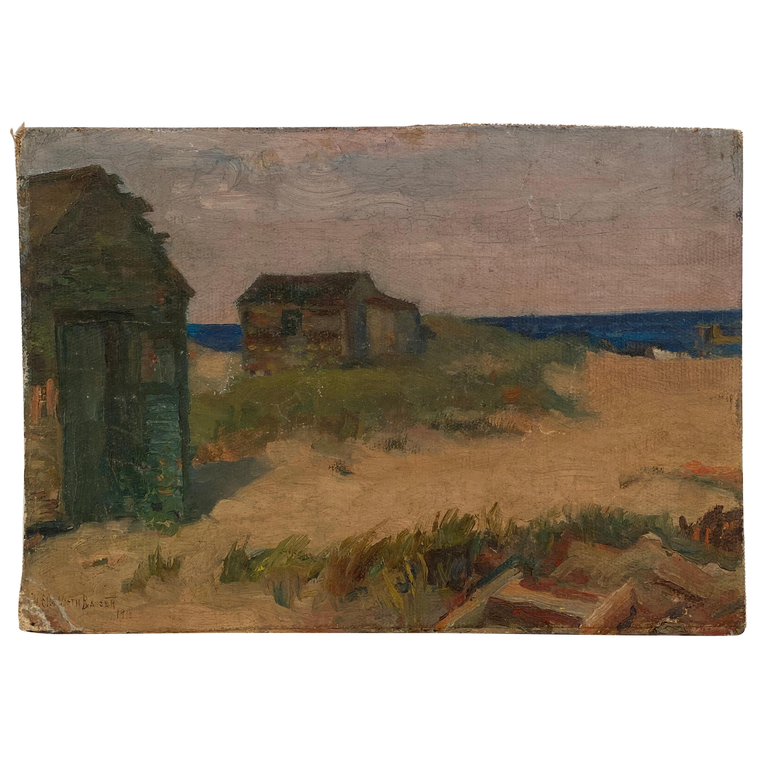 Harold Ellsworth - Peinture de paysage marin de Bassett avec scène de plage, 1910