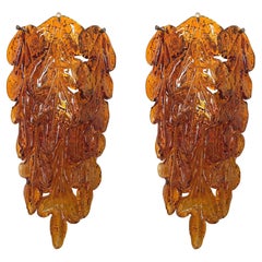 Italian Midcentury Pair of Amber Murano Leaf Wall Sconces by Mazzega, 1970s