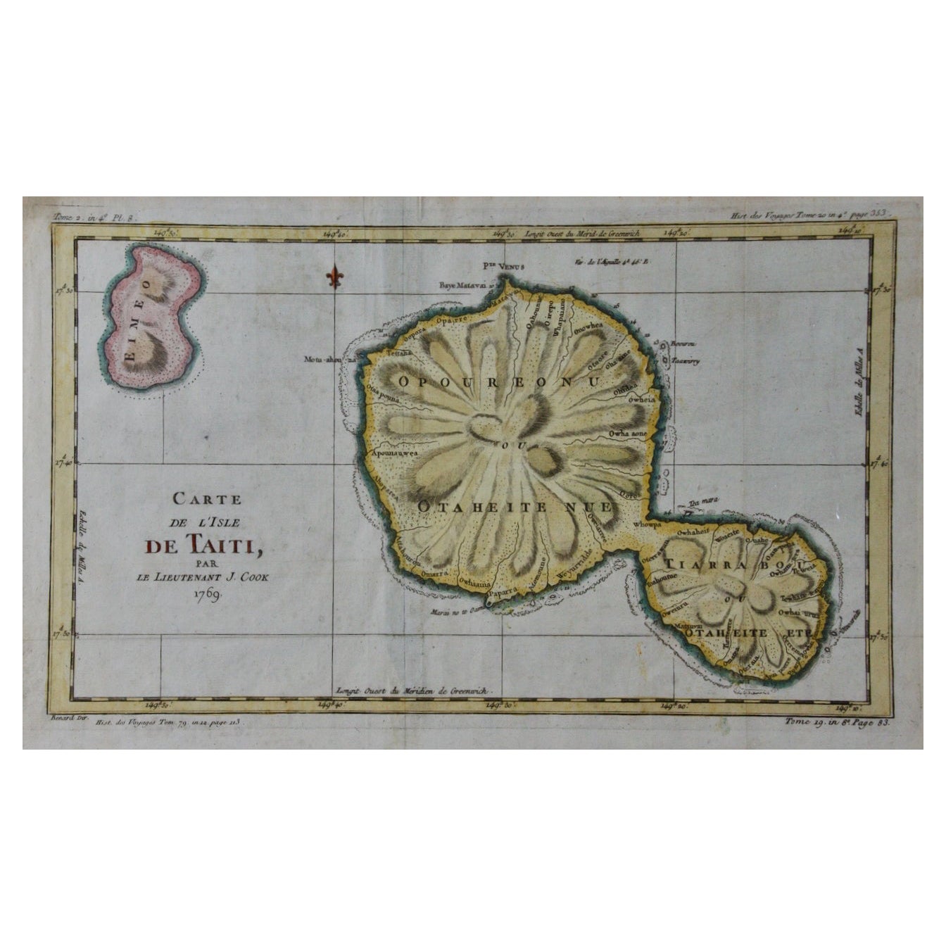 L'exploration du capitaine Cook de Tahiti 18e siècle, carte colorée à la main par Bellin en vente