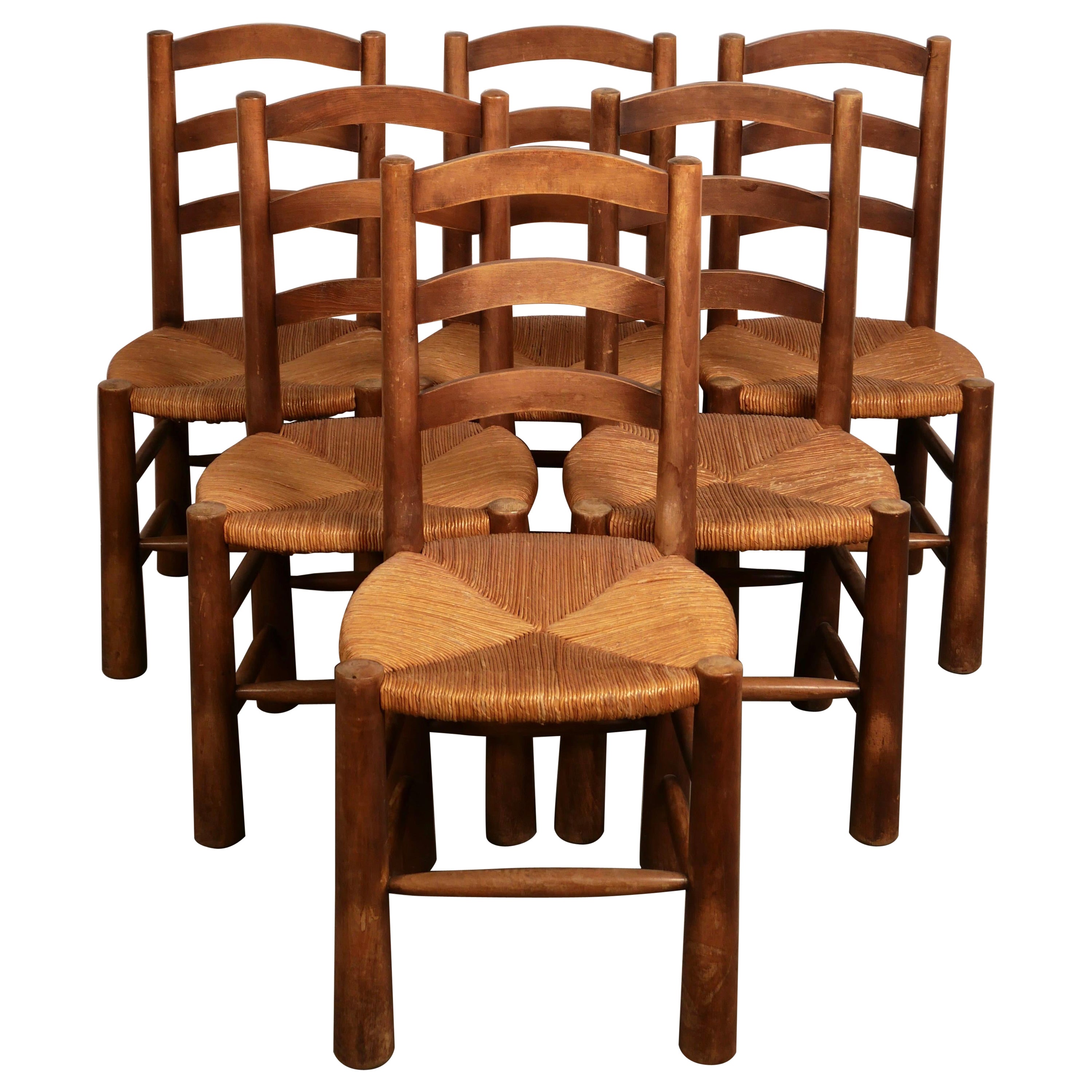 Set of 6 Brutalist Chalet Chairs, Solid Wood and Straw Georges Robert, 1950
