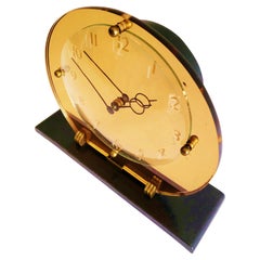 English Art Deco Peach Mirror, Concave Glass, Brass & Wood Mechanical Clock