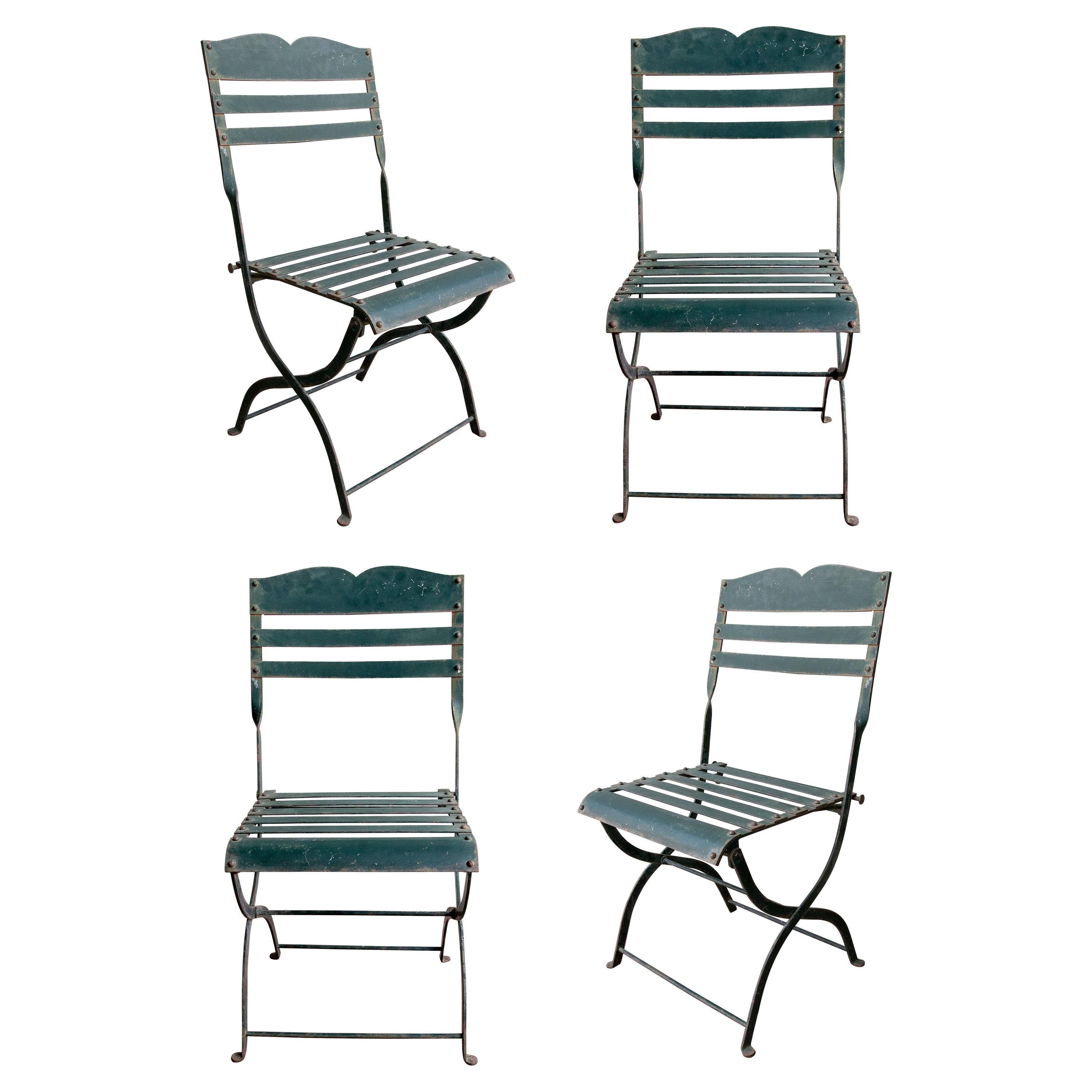 1970s Set of Four French Iron Chairs Painted in Green