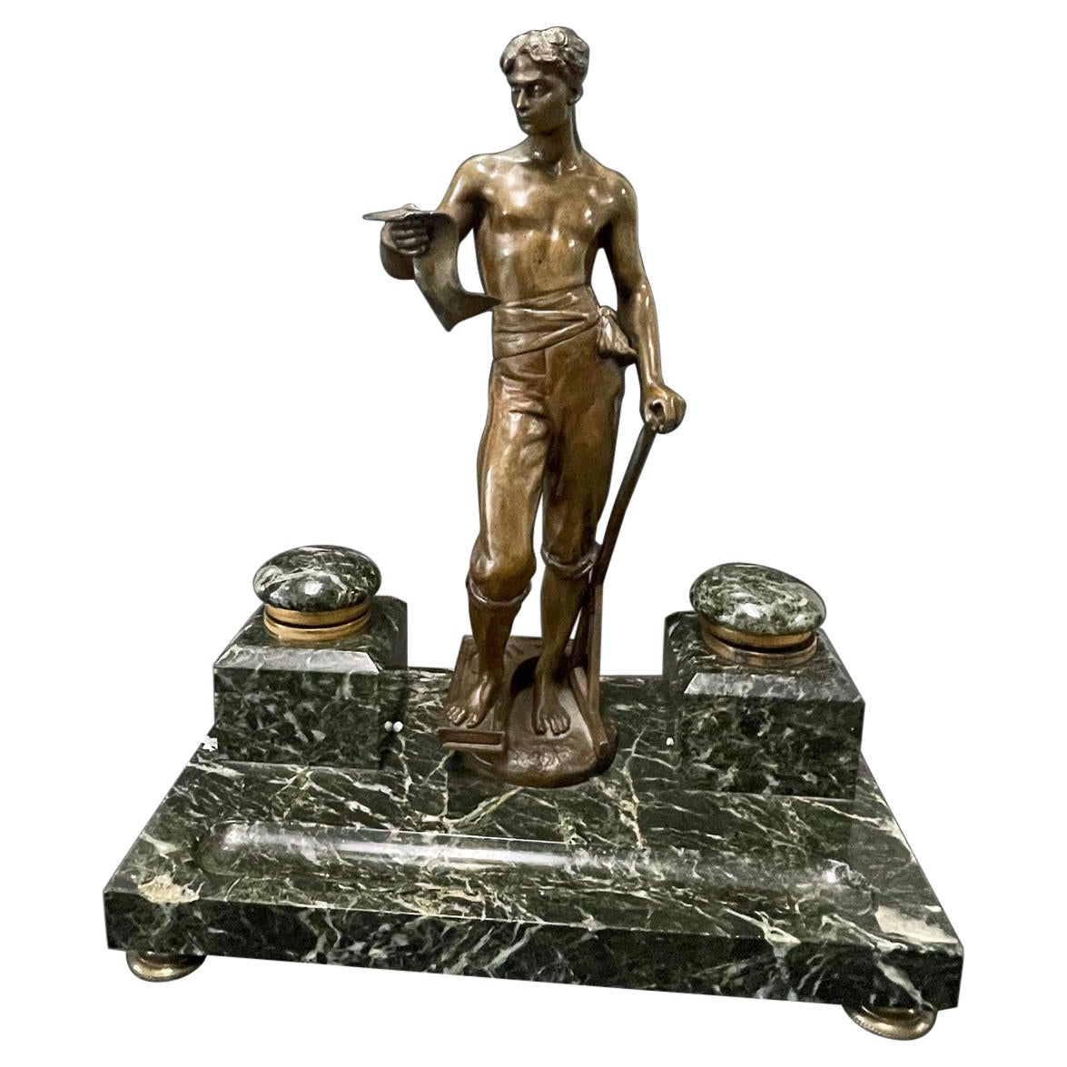 "The Young Architect, " Monumental Bronze & Marble Inkwell/Pen Tray, Male Figure