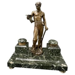 "The Young Architect," Monumental Bronze & Marble Inkwell/Pen Tray, Male Figure