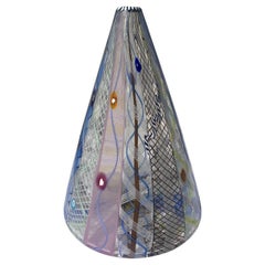 Richard Marquis Latticino Glass Cone Vase, by Noble Effort, Marked 1986