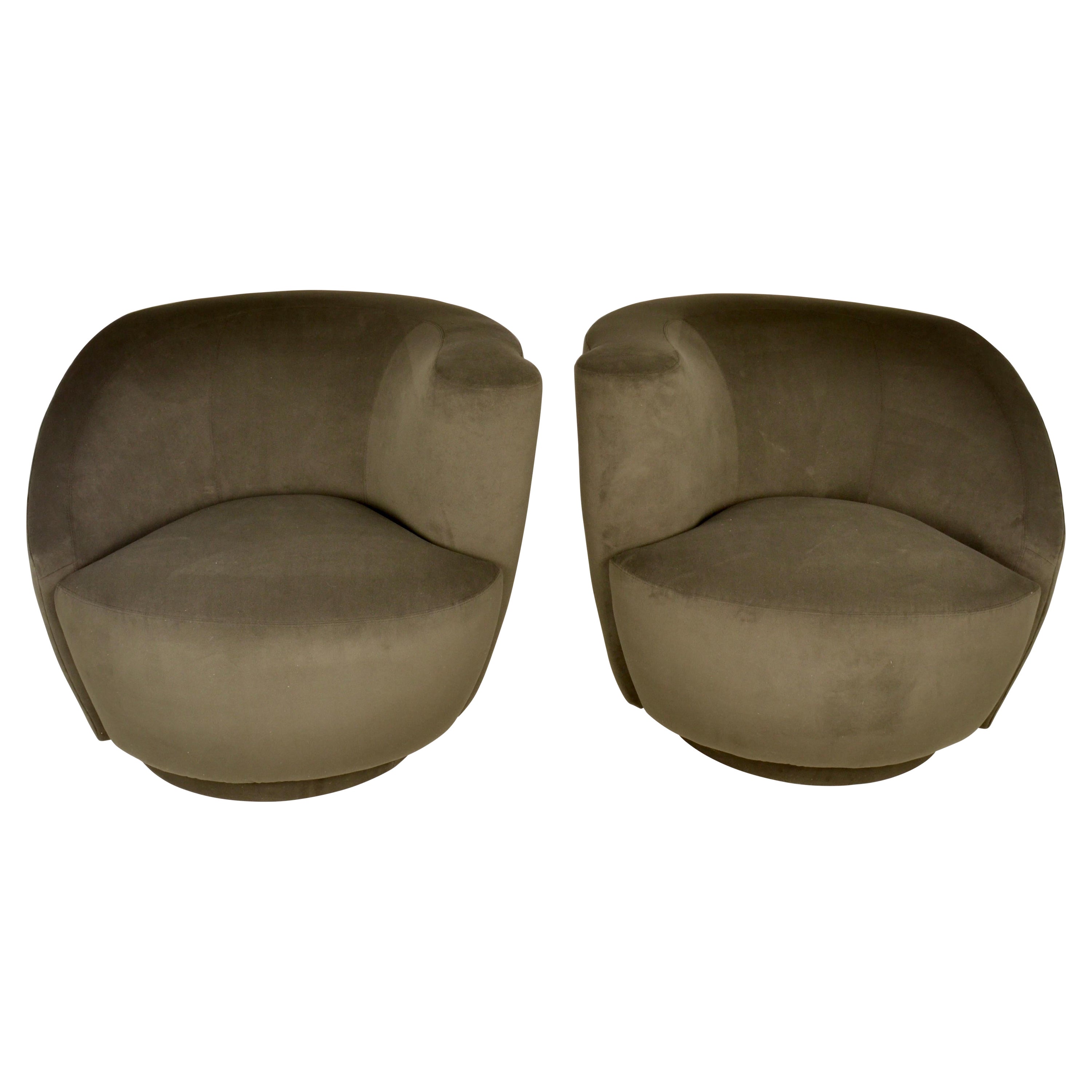 Pair of Vladimir Kagan Nautilus Swivel Chairs in Gray-Green Velvet