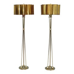 1950's French Solid Brass with Perforated Lamps Shades Tripod Floor Lamps