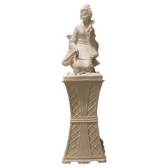 Sublime Italian Mid-Century Pearlized Ceramic Geisha Figurine on Pedestal