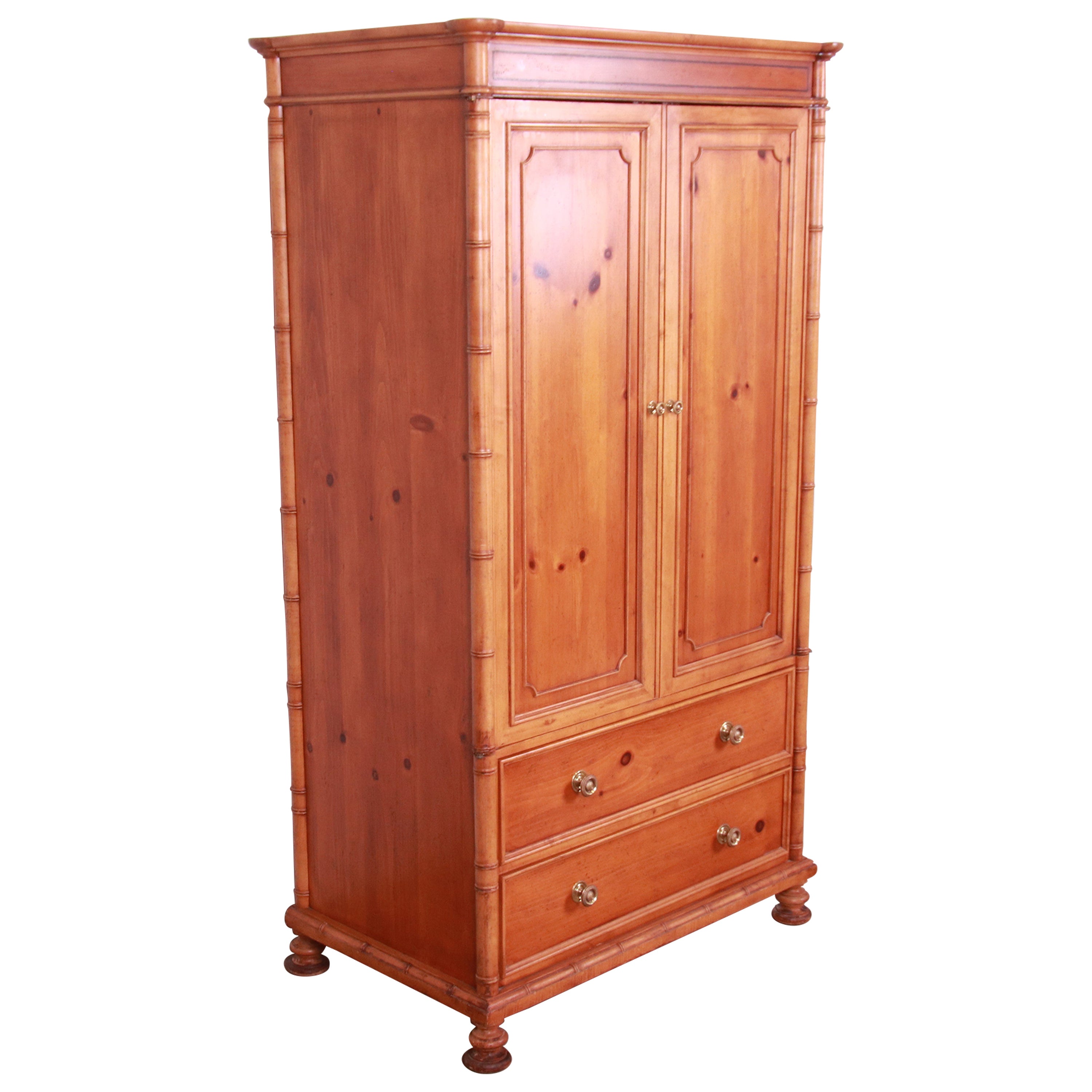 Baker Furniture Victorian Style Pine and Faux Bamboo Armoire or Linen Press