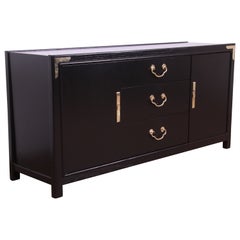 Romweber Hollywood Regency Chinoiserie Black Lacquered Credenza, Refinished