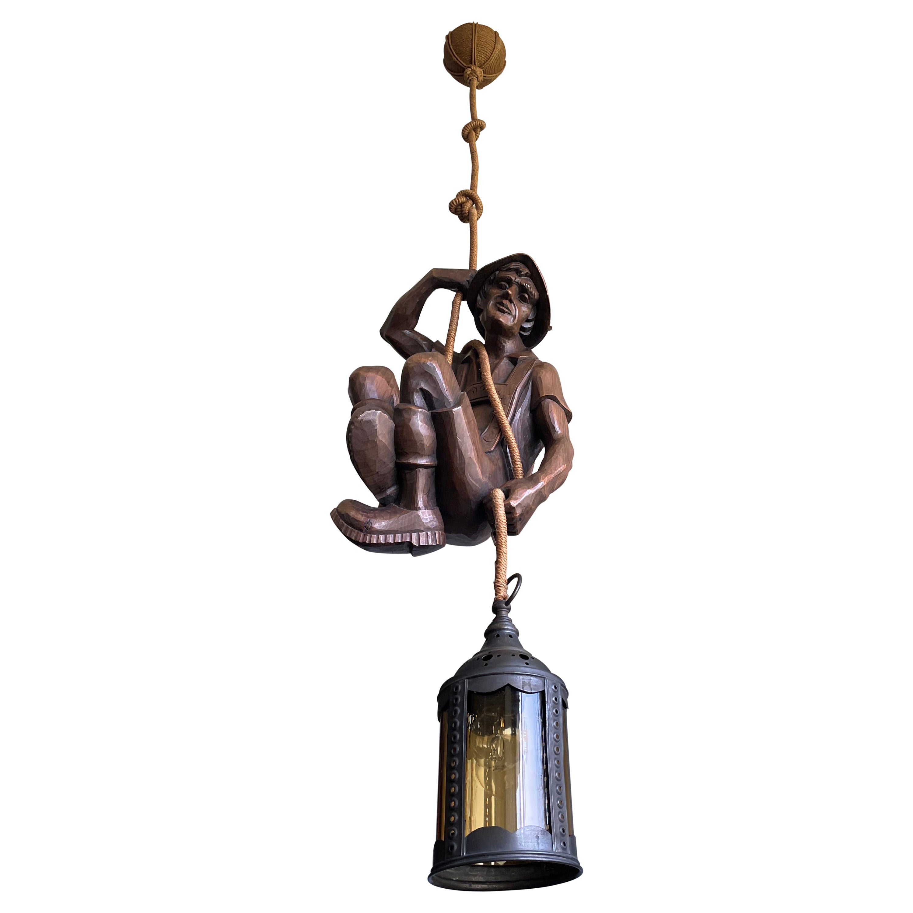 Hand Carved Mountaineer Sculpture Pendant Light w. Brass Arts & Crafts Lantern For Sale