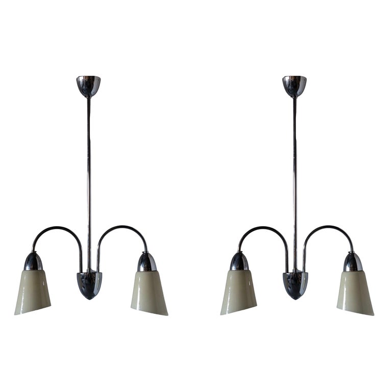 Finnish Designer, Two Armed Pendant Lights, Chrome Metal, Glass, Finland,  1940s For Sale at 1stDibs