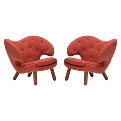 Set of Two Pelican Chairs Upholstered in Red Kvadrat Remix Fabric by Finn Juhl