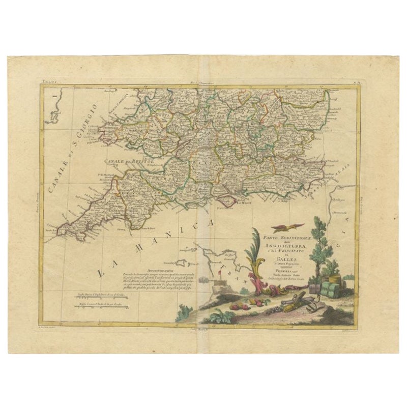 Antique Map of Southern England and Wales by Zatta, 1784 For Sale