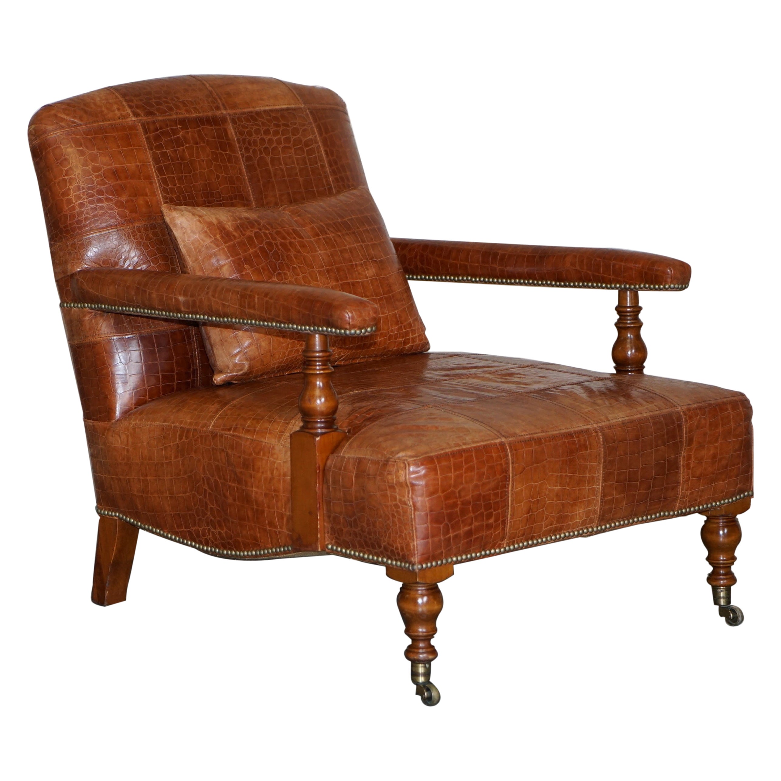 Ralph Lauren Crocodile Alligator Brown Leather Patina Reading Armchair