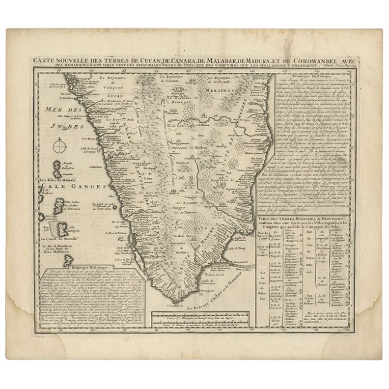 Carte ancienne de l'Inde du Sud par Chatelain, vers 1720