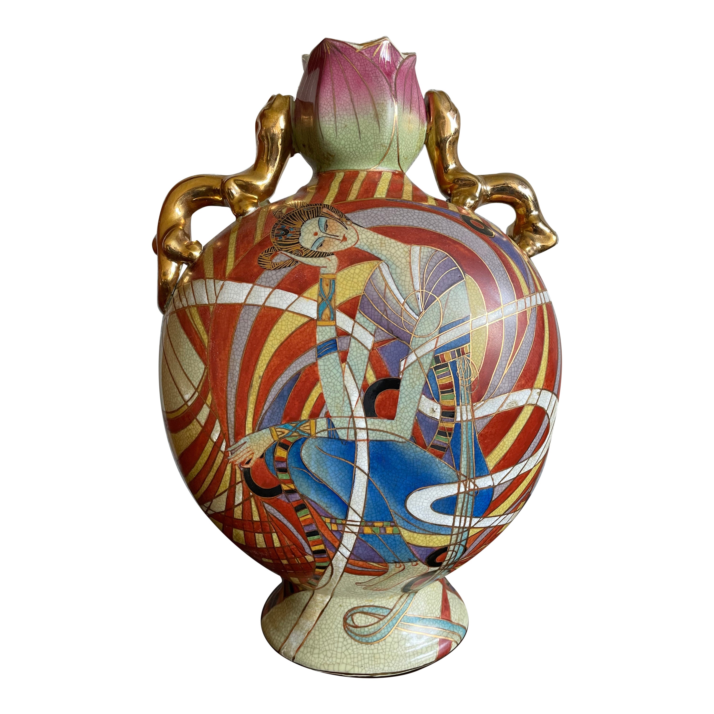 Stunning Hand Painted Geisha Model Design Art Deco Vase w Gilt Dragon Sculptures