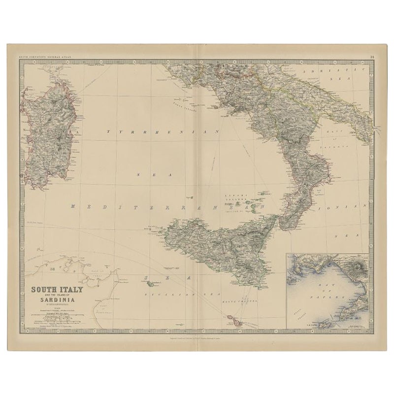 Carte ancienne de l'Italie du Sud et de la Sardaigne par Johnston, 1882