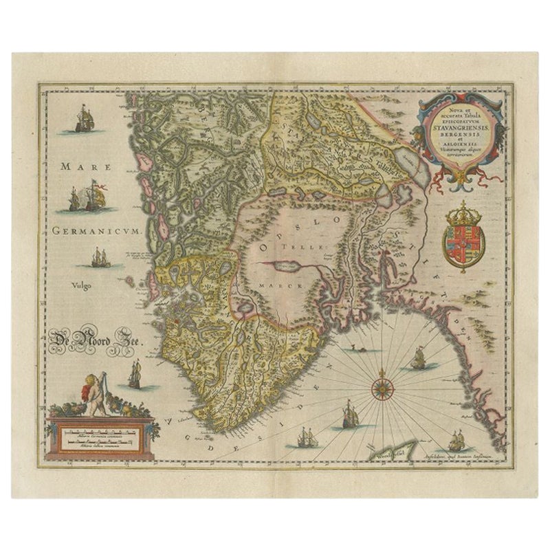 Antique Map of Southern Norway by Janssonius, c.1650 For Sale