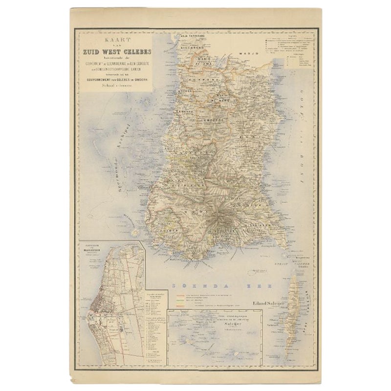 Antique Map of Southern Sulawesi by Stemfoort, 1885 For Sale