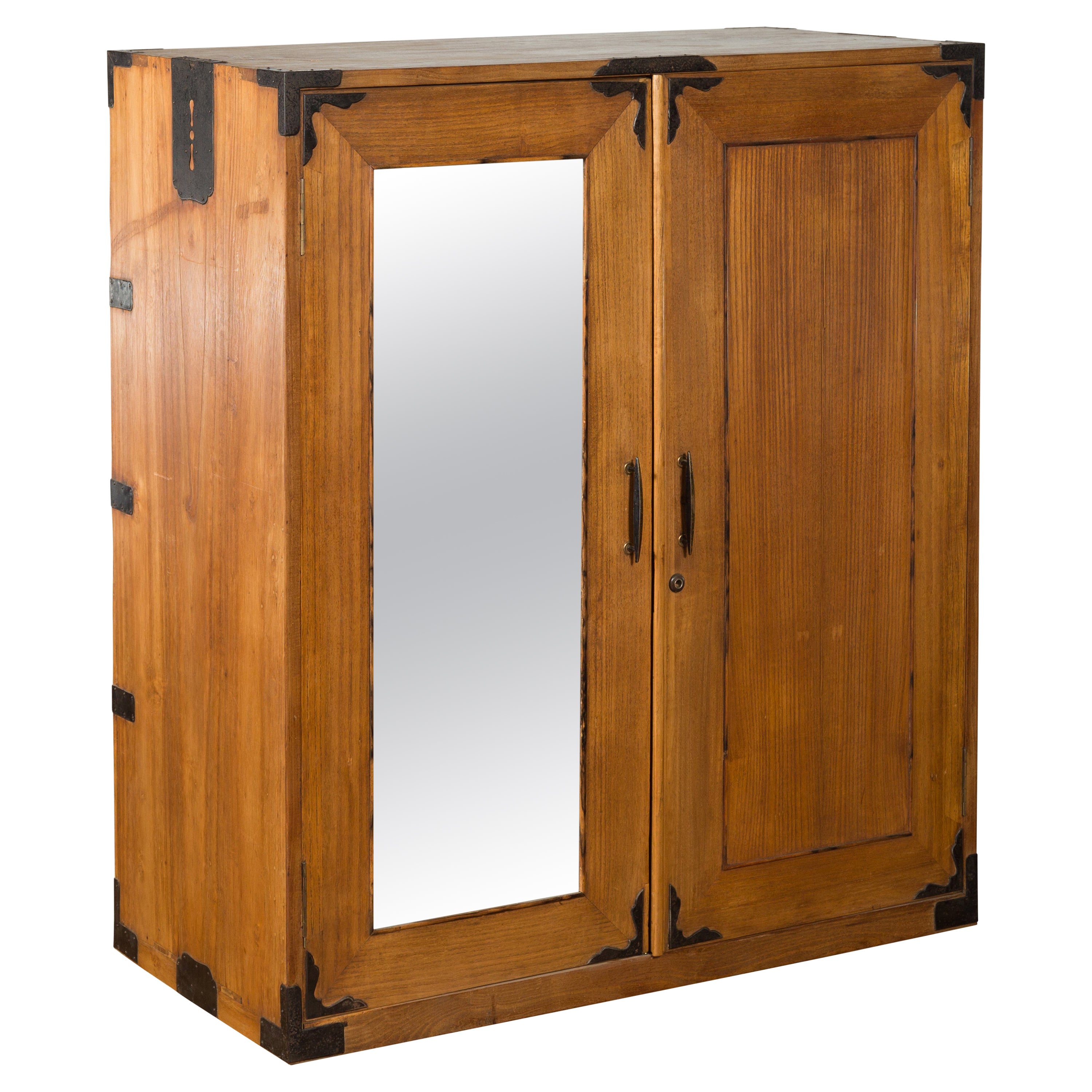 Japanese Early 20th Century Wooden Tansu Clothing Cabinet with Mirrored Door For Sale