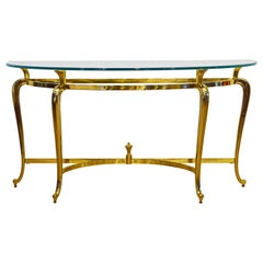 Modern French Louis XV Inspired Solid Brass Demi Lune Glass Top Console Table