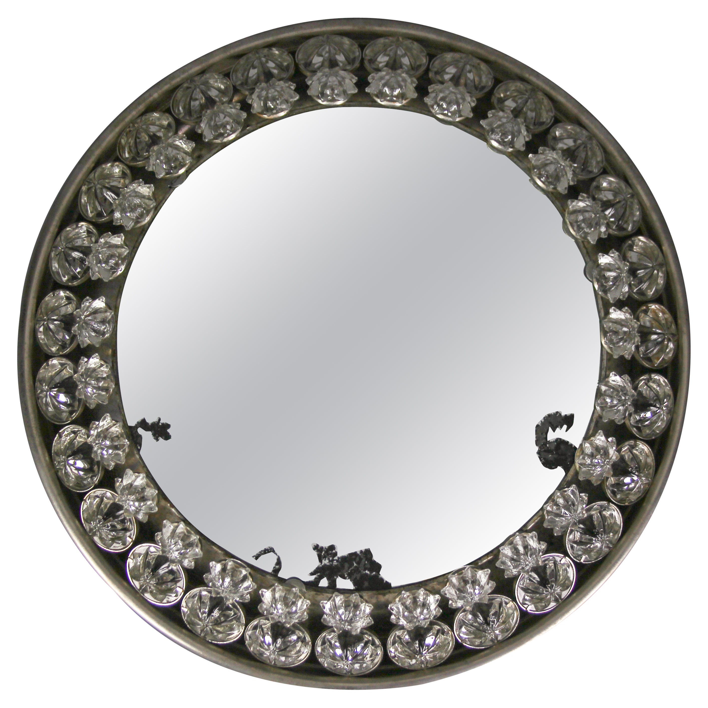 Round Mid-Century Modern Backlit Metal Wall Mirror with Crystal Glass Flowers For Sale