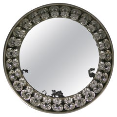 Round Mid-Century Modern Backlit Metal Wall Mirror with Crystal Glass Flowers