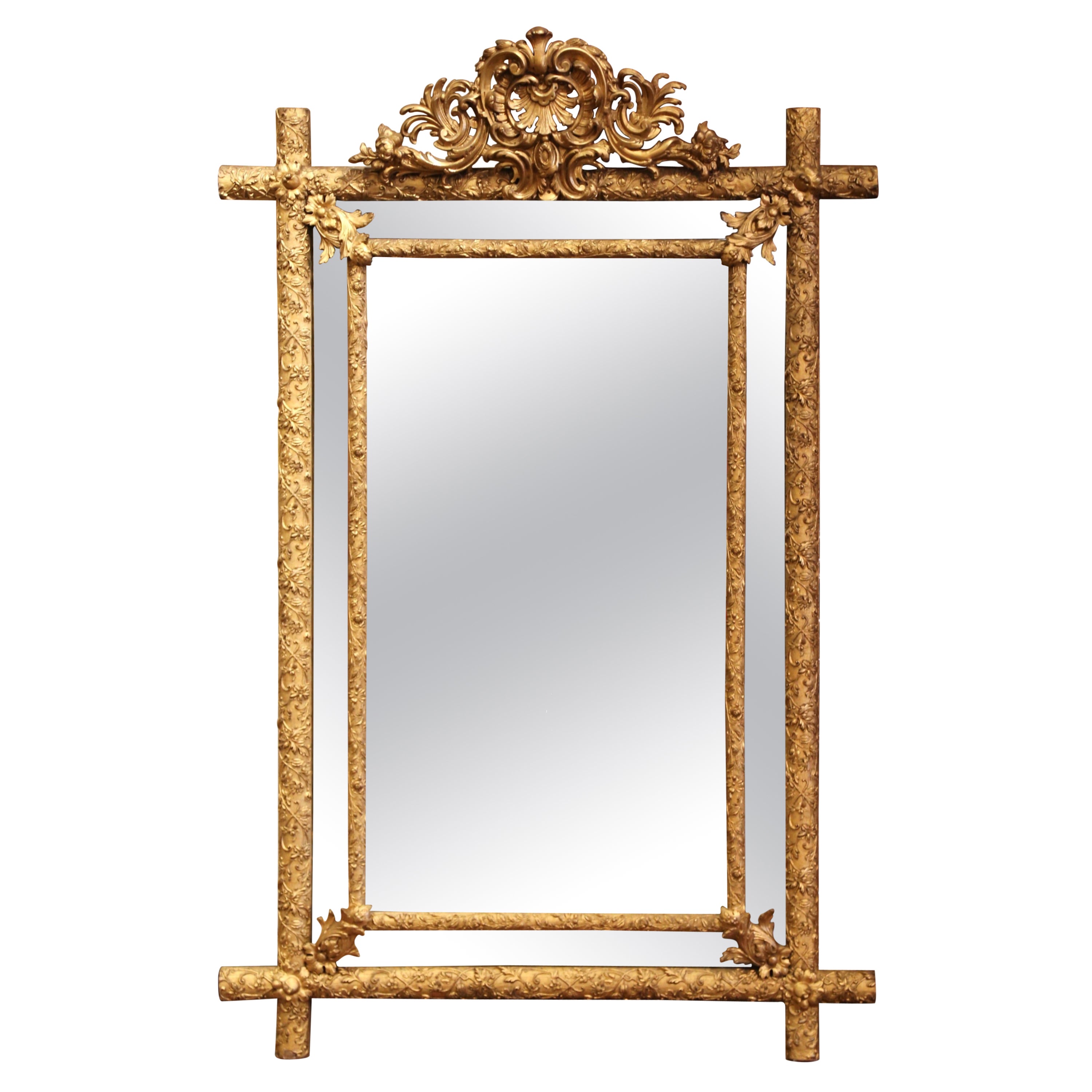 19th Century French Louis XV Carved Giltwood Overlay Cushion Wall Mirror