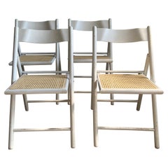 Mid-Century Modern Italian Set of 4 Wooden Folding Chairs with Vienna Straw Seat