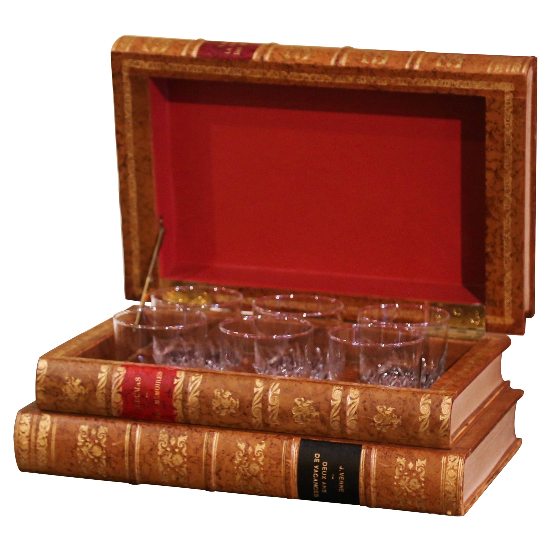 Mid-Century French Embossed Leather Bound Book Box with Six Old Fashion Glasses