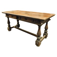 Table vintage en noyer avec tiroirs, premier quart du 20ème siècle, Italie