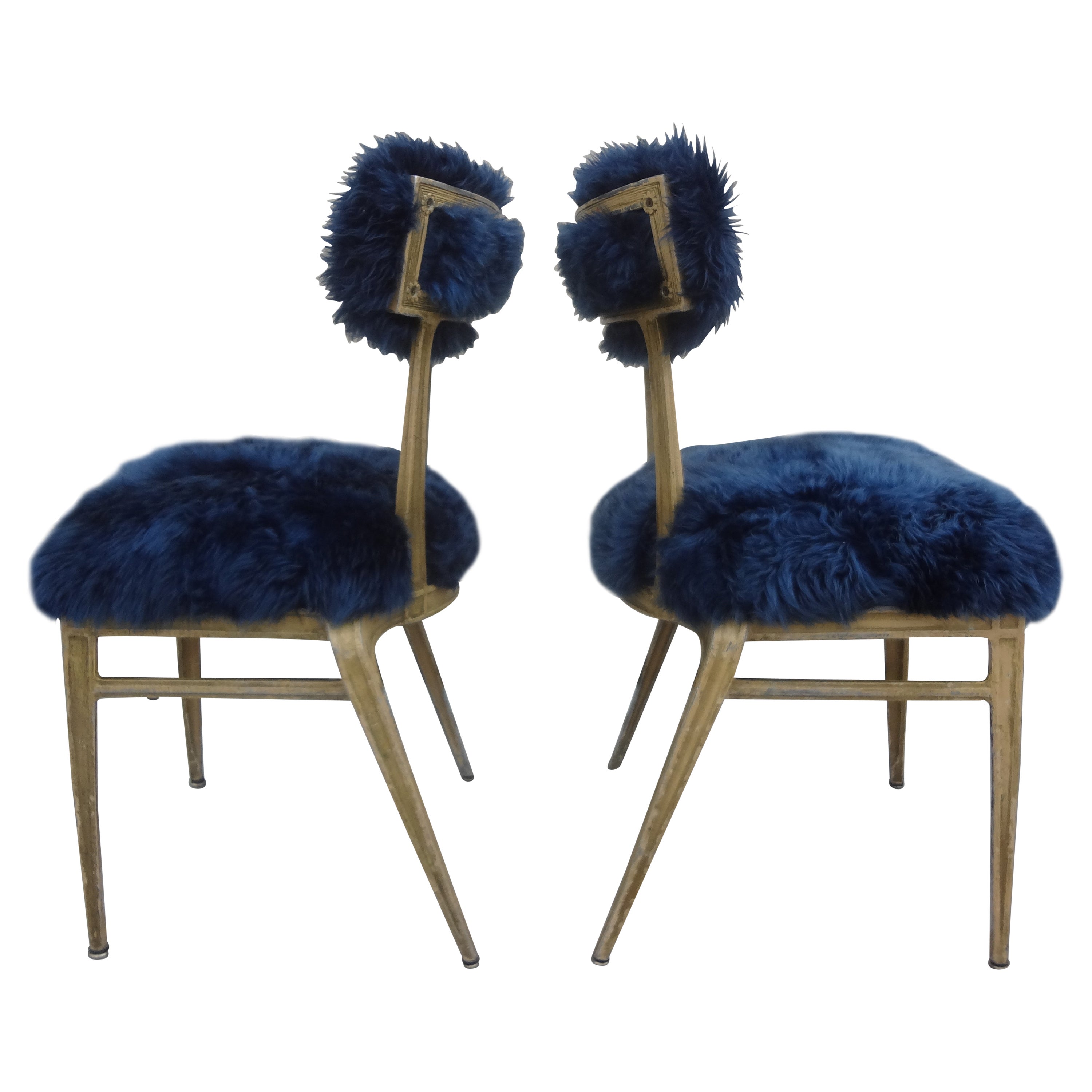 Pair of French Modern Jacques Adnet Style Metal Chairs Upholstered in Sheepskin
