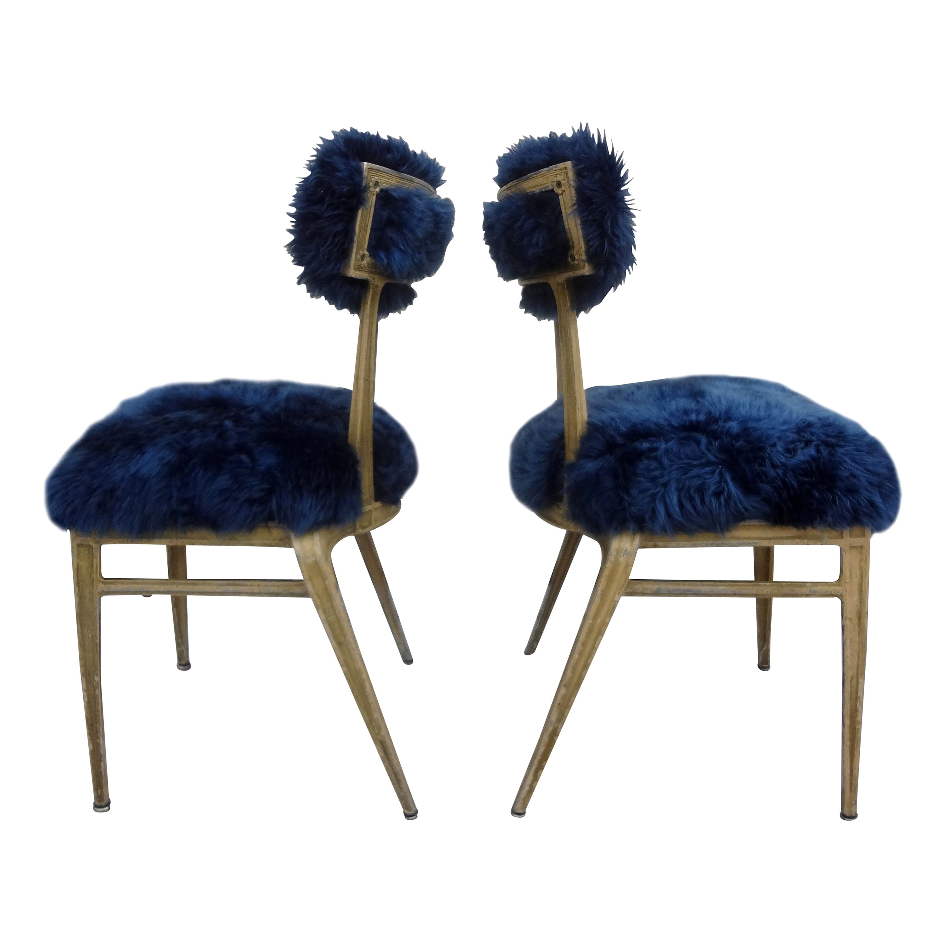 Pair of French Modern Jean Prouvé Style Metal Chairs Upholstered in Sheepskin