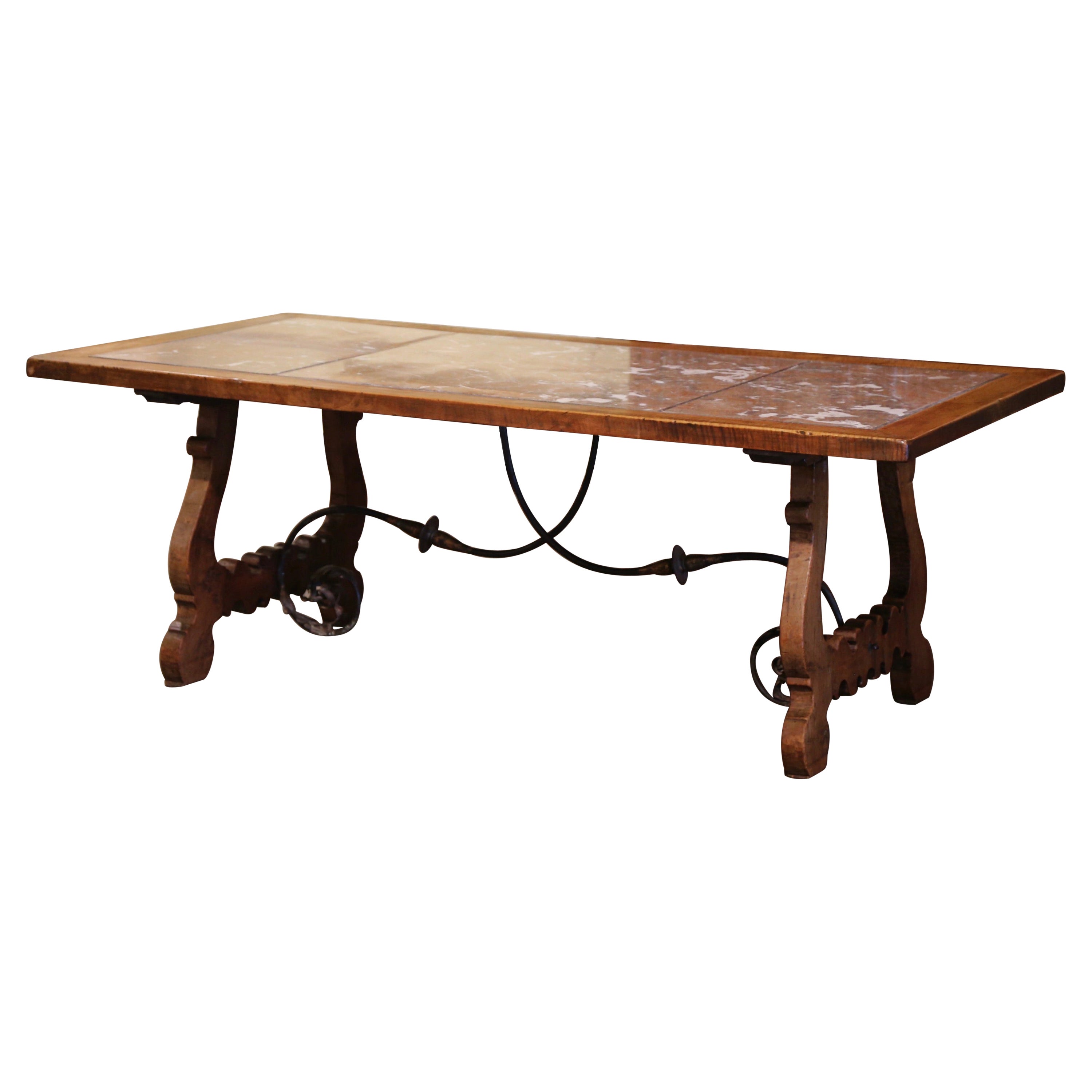 19th Century Spanish Baroque Marble Top Carved Walnut and Iron Dining Table 