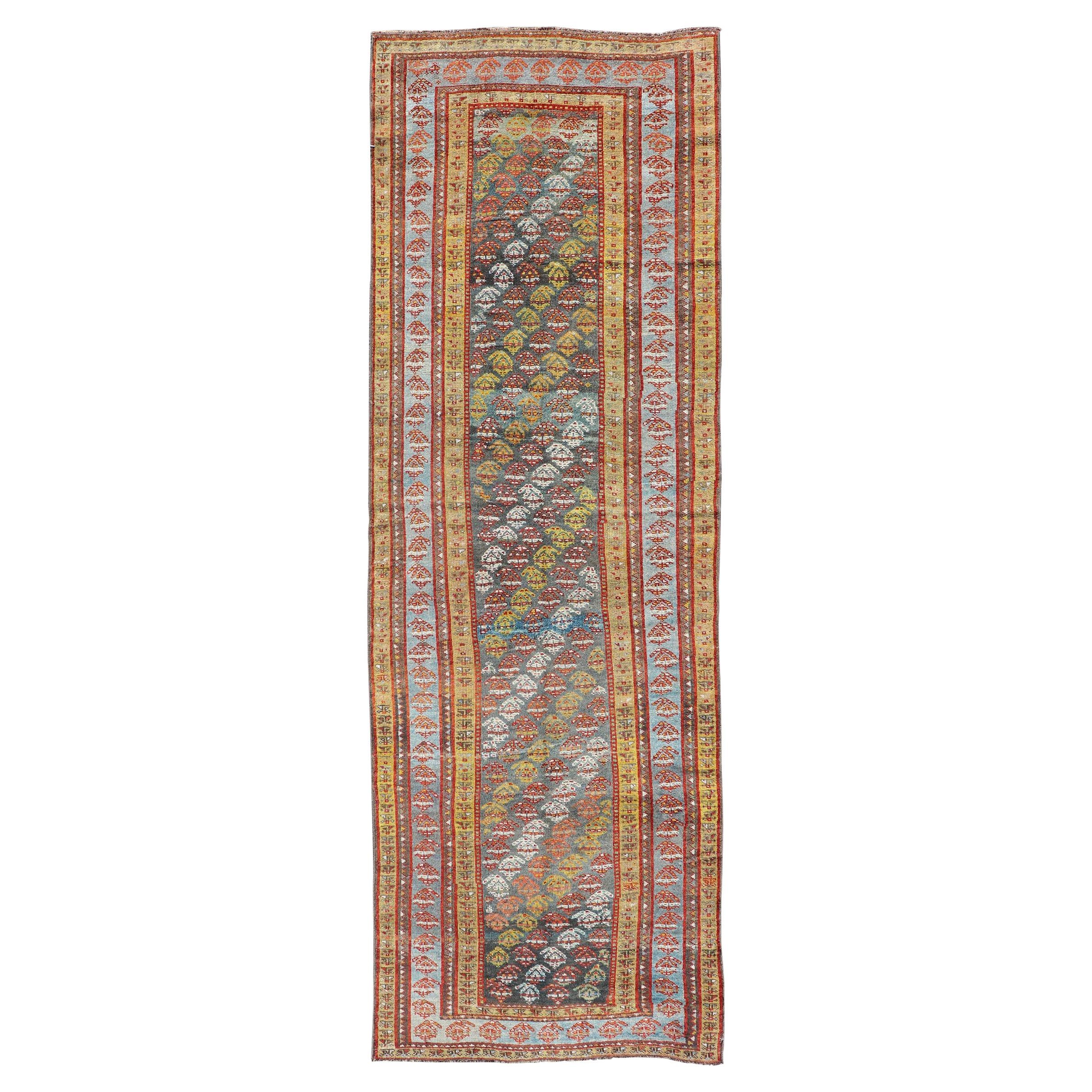 Antique Persian Hand-Knotted Kurdish Runner in Wool with Sub-Geometric Design For Sale