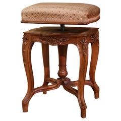 Mid-Century French Louis XV Carved Walnut and Velvet Adjustable Piano Stool