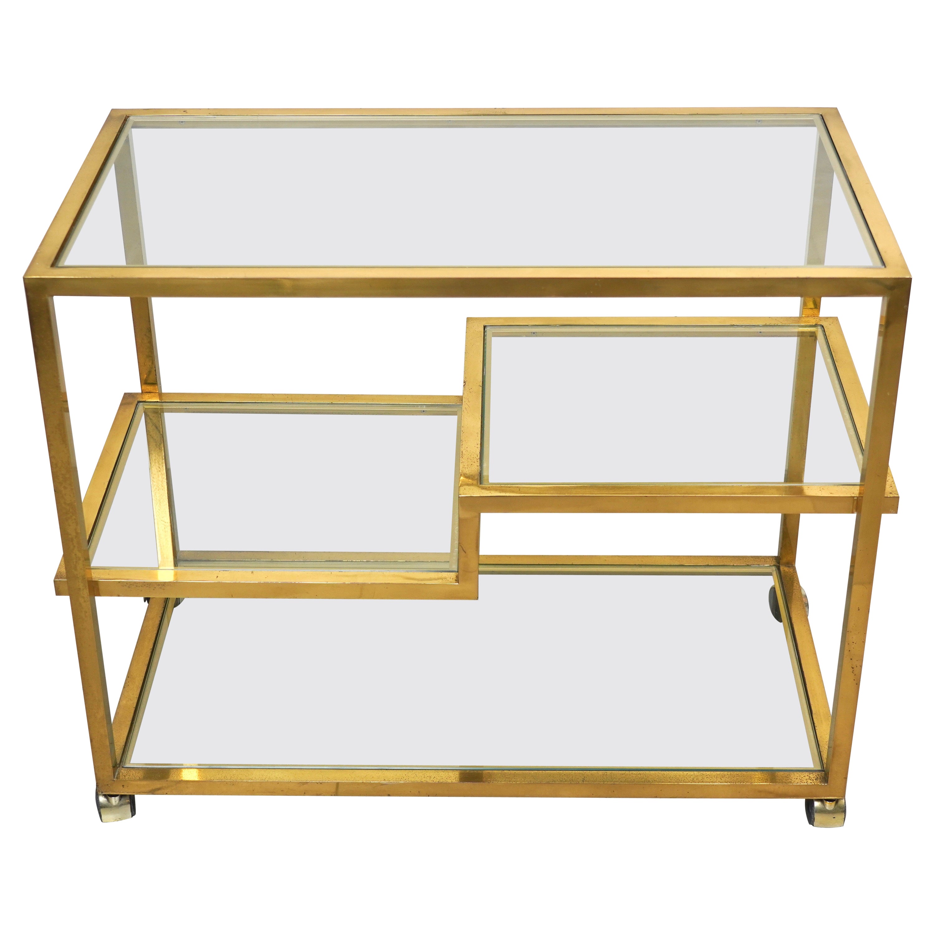 Serving Bar Cart Brass and Glass in the Style of Romeo Rega, Italy 1970s